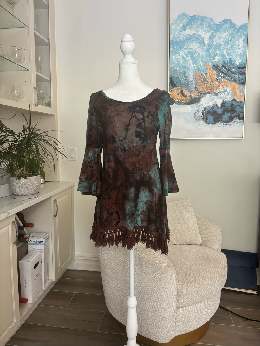 Boho Tie-Dye Bell Sleeve Tunic in Brown and Teal with Fringe Hem